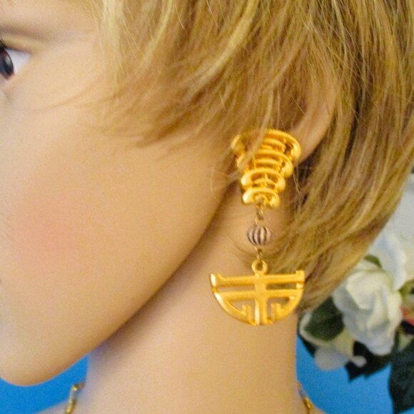 VINTAGE Asian Style Gold Plate Necklace Earrings: Ceramic Bead Dangle Jewelry - Picture 5 of 12